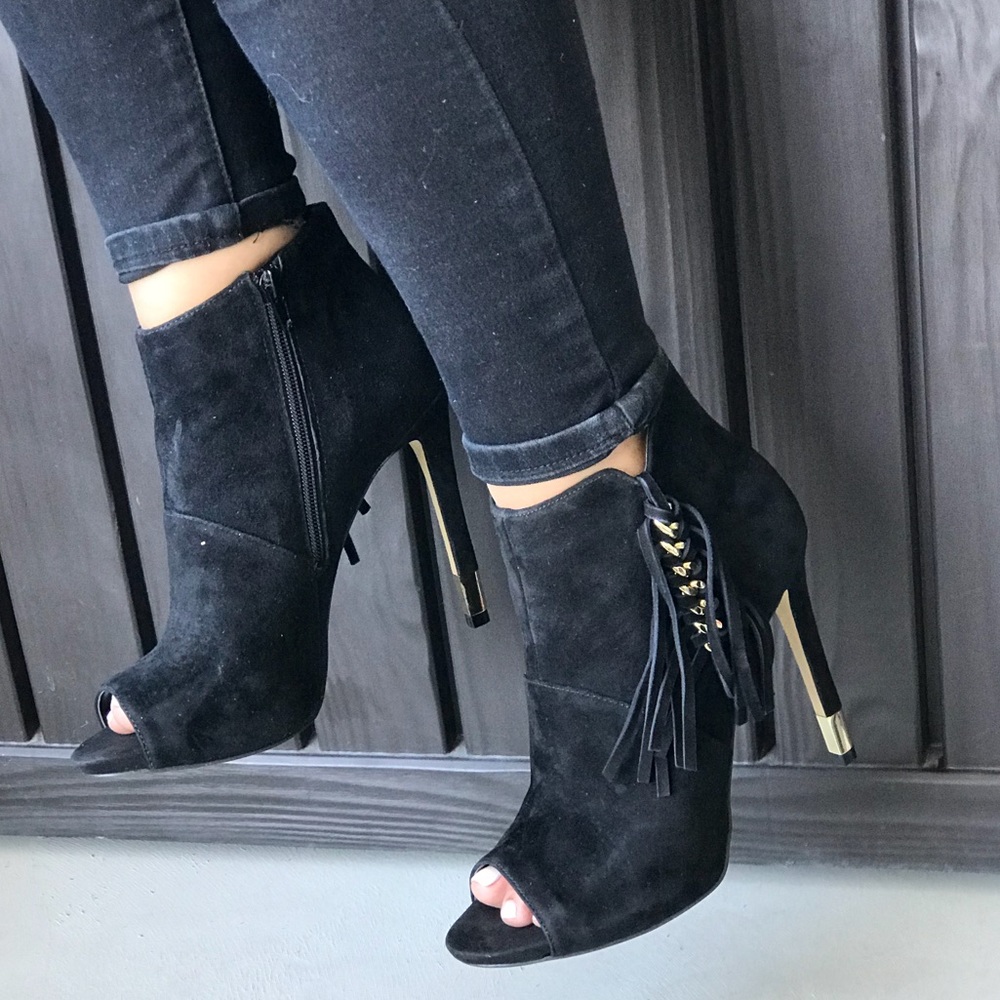 Black Peep Toe Fringe Tassel Ankle Boots - Picture 2 of 8
